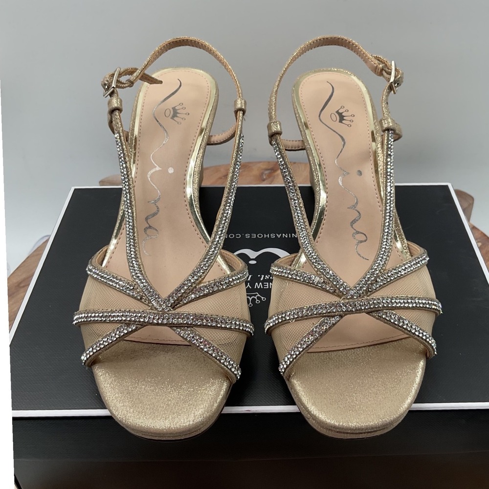 Nina Womens Champagne Gold Rhinestone Mesh Block Heel Sandals Size 6M F992873